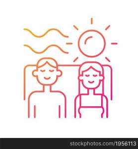 Couple spending vacation together gradient linear vector icon. Romantic vacation. Couple having quality time at beach. Thin line color symbol. Modern style pictogram. Vector isolated outline drawing. Couple spending vacation together gradient linear vector icon