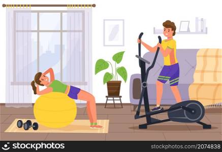 Couple sports at home. Fitness workout in room. Partners doing exercises together. Family body training. Elliptical trainer and fit ball. Happy active man and woman in sportswear. Vector concept. Couple sports at home. Fitness workout in room. Partners doing exercises together. Family training. Elliptical trainer and fit ball. Happy man and woman in sportswear. Vector concept