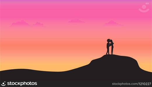 Couple stand on mountain with sunset background, Silhouette style, Valentines Day greeting card, Holiday party, Banner, Poster, Vector illustration flat design