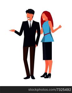 Couple standing and talking, man dressed in brown trousers pointing somewhere and woman wearing skirt and blouse vector illustration. Couple Standing and Talking Vector Illustration