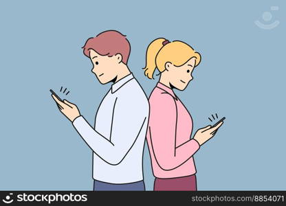 Couple standing back to back texting on cellphones online. Man and woman avoid each other using smartphones cheating on web. Vector illustration. . Couple back to back texting on mobiles online