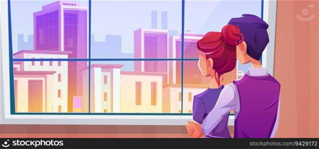 Couple standing near city building view window cartoon background. Man and woman character in flat room with cityscape landscape environment. Orange, yellow and purple downtown exterior at sunset. Couple standing near city building view window