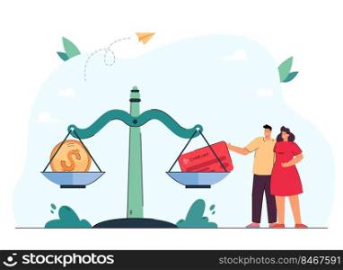 Couple standing next to huge scales with coin and credit card. Husband and wife choosing between cash and bank account flat vector illustration. Finances, wealth concept for banner or website design