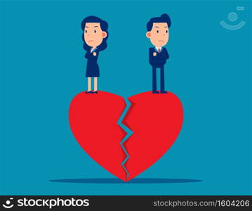 Couple standing on broken heart. Cute business cartoon vector design