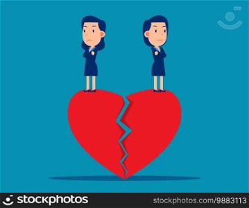 Couple standing on broken heart. Cute business cartoon vector design