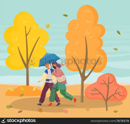Couple strolling in autumn forest in bad weather. Cold and windy day in fall season in park. Man and woman having romantic walk outdoors using umbrella protecting from rain. Vector in flat style. Couple Walking in Autumn Park with Falling Leaves