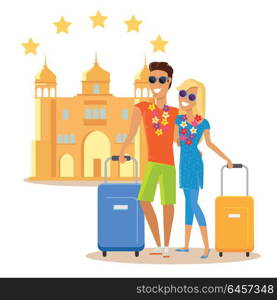 Couple Summer Vacation Travel Illustration. Couple traveling together during summer vacation vector in flat design. Honeymoon in exotic countries concept. Young man and woman with necklace of flowers embracing and holding suitcases near hotel.