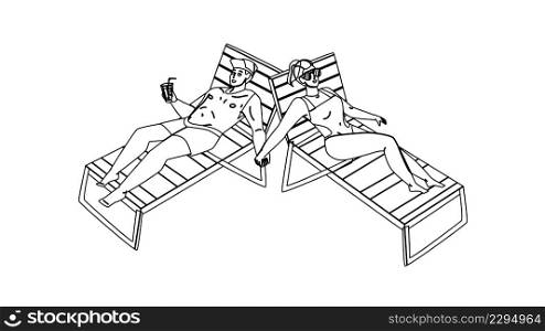Couple Sunbathe Enjoy On Sea Beach Together Black Line Pencil Drawing Vector. Young Man Drinking Cocktail And Enjoying With Woman Couple Sunbathe. Characters Summer Vacation Relaxation On Seashore. Couple Sunbathe Enjoy On Sea Beach Together Vector