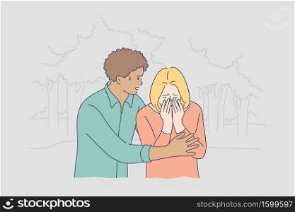 Couple, support, depression, mental stress, frustration concept. Young african american man boyfriend husband comforting crying depressed frustrated woman girlfriend wife. Help in relationship calming. Couple, support, depression, mental stress, frustration concept