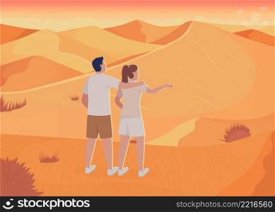 Couple surrounded by sand dunes flat color vector illustration. Winter destination. Man and woman embracing and viewing sunset 2D simple cartoon characters with desert environment on background. Couple surrounded by sand dunes flat color vector illustration