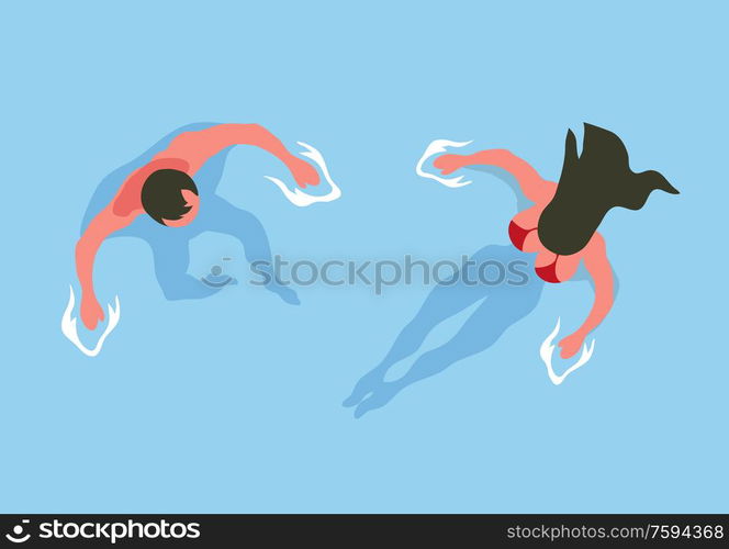 Couple swimming in ocean, spending time at summer resort. People on vacation swim and sunbathing, relaxing lady in water. Woman and man bathing in sea top view. Couple Swimming in Ocean, Spending Time at Summer