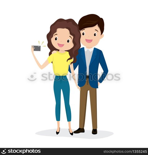 Couple take a selfie,happy and beauty young male and female caucasian characters isolated on white background,flat vector illustration.