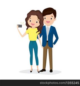 Couple take a selfie,happy and beauty young male and female caucasian characters isolated on white background,flat vector illustration.