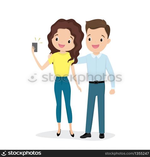 Couple take a selfie,happy and beauty young male and female caucasian characters isolated on white background,flat vector illustration