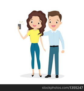 Couple take a selfie,happy and beauty young male and female caucasian characters isolated on white background,flat vector illustration