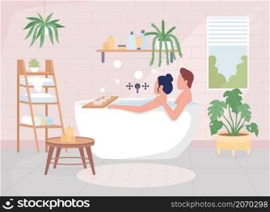 Couple taking bath flat color vector illustration. Man and woman sitting in bathtub. Hygge lifestyle. Wife and husband spending time together 2D cartoon characters with interior on background. Couple taking bath flat color vector illustration