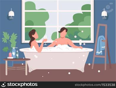 Couple taking bath flat color vector illustration. Pair lying in hot bathtub. Romantic relationship. Boyfriend and girlfriend relaxing. 2D cartoon characters with bathroom interior on background. Couple taking bath flat color vector illustration