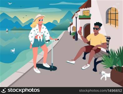 Couple taking selfie at waterfront area flat color vector illustration. People at seaside resort. Boyfriend and girlfriend 2D cartoon characters with ocean and village houses on background. Couple taking selfie at waterfront area flat color vector illustration