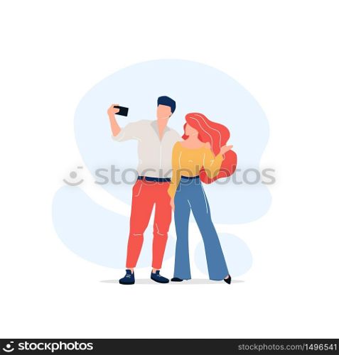 Couple taking selfie flat color vector faceless characters. Male and female fashion models. Pair posing for photo isolated cartoon illustration for web graphic design and animation. Couple taking selfie flat color vector faceless characters