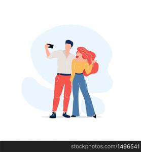 Couple taking selfie flat color vector faceless characters. Male and female fashion models. Pair posing for photo isolated cartoon illustration for web graphic design and animation. Couple taking selfie flat color vector faceless characters