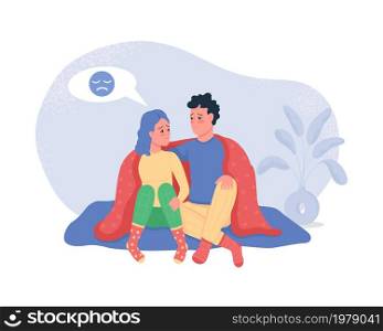 Couple talking about worries 2D vector isolated illustration. Upset girl speaking with boyfriend. Romantic partners flat characters on cartoon background. Relationship problems colourful scene. Couple talking about worries 2D vector isolated illustration