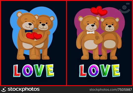 Couple Teddy Bears, love theme, vector placard. Valentine day card design, plush toys hold hands, keep arms, cartoon style, with heart icons cute toys. Couple Teddy Bears, love theme, vector placard