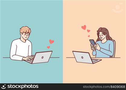 Couple texting online on gadget having relationship on distance. Man and woman message communicate on devices. Love and online dating concept. Vector illustration.. Couple communicate online with relationship on distance 