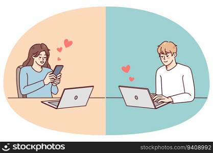 Couple texting online on gadget having relationship on distance. Man and woman message communicate on devices. Love and online dating concept. Vector illustration.. Couple communicate online with relationship on distance