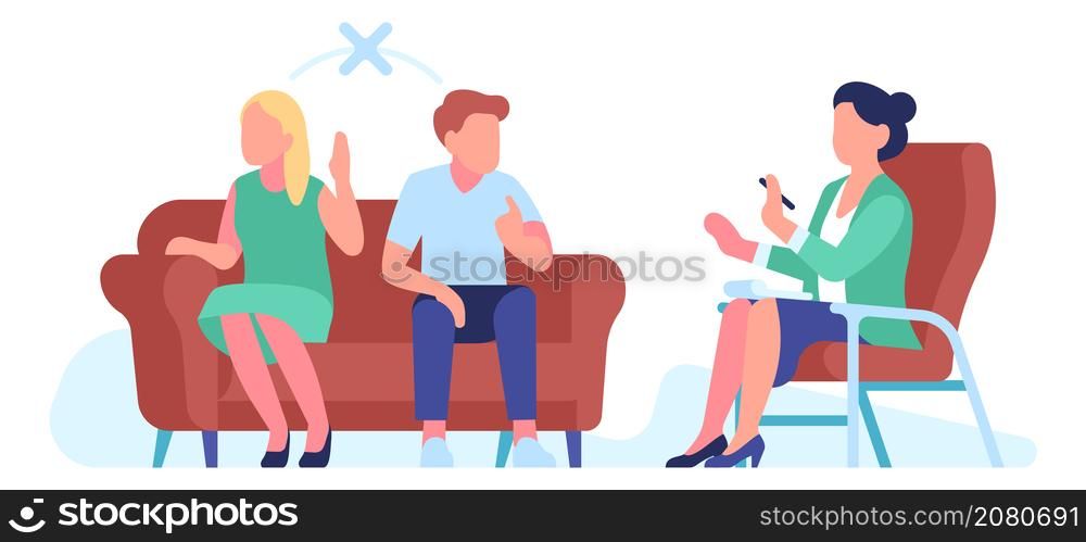Couple therapy concept. Man and woman talking to psychologist isolated on white background. Couple therapy concept. Man and woman talking to psychologist