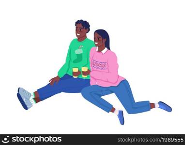 Couple together at festive party semi flat color vector characters. Sitting figures. Full body people on white. Winter isolated modern cartoon style illustration for graphic design and animation. Couple together at festive party semi flat color vector characters