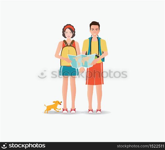 Couple travelers carring map with dog isolated on white , tourists couple ready to trip. on summer holidays trip, charactor flat design vector illustration.
