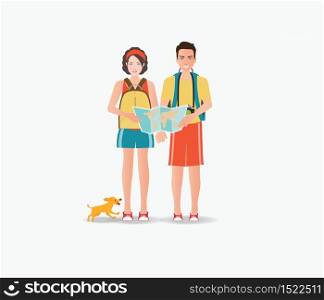 Couple travelers carring map with dog isolated on white , tourists couple ready to trip. on summer holidays trip, charactor flat design vector illustration.