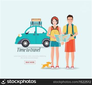Couple travelers carring map with suitcases on a luggage rack, tourists couple ready to trip. on summer holidays trip, charactor flat design vector illustration.