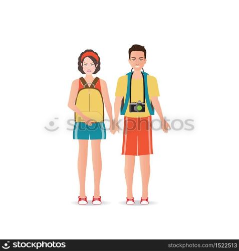 Couple travelers with luggage on white background, charactor flat design vector illustration.