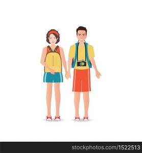 Couple travelers with luggage on white background, charactor flat design vector illustration.