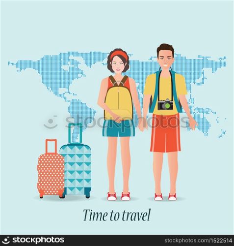 Couple travelers with luggage on world map background. tourists couple ready to trip. on summer holidays trip, charactor flat design vector illustration.