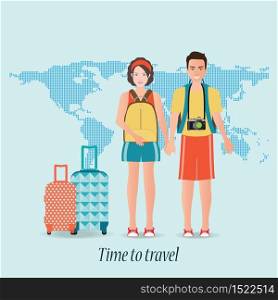 Couple travelers with luggage on world map background. tourists couple ready to trip. on summer holidays trip, charactor flat design vector illustration.