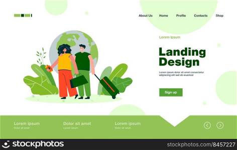 Couple traveling or moving to other country. Man and woman with bag and suitcase, globe background flat vector illustration. Tourism, vacation concept for banner, website design or landing web page