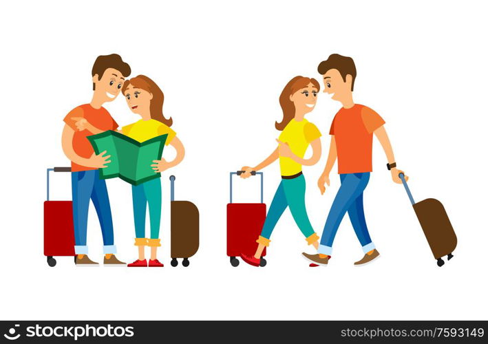 Couple traveling vector, man and woman with luggage walking. Arrived people strolling, lost male and woman, confused tourists with atlas print map. People Traveling, Man and Woman Reading Map Atlas