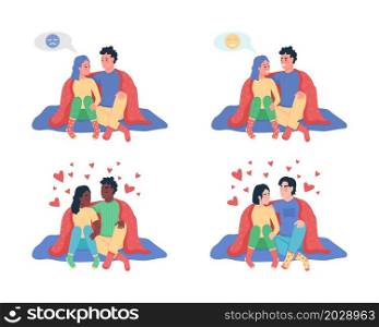 Couple under blanket semi flat color vector character set. Sitting figures. Full body people on white. Partners isolated modern cartoon style illustration for graphic design and animation pack. Couple under blanket semi flat color vector character set