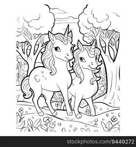 couple unicorn walking in forest color page