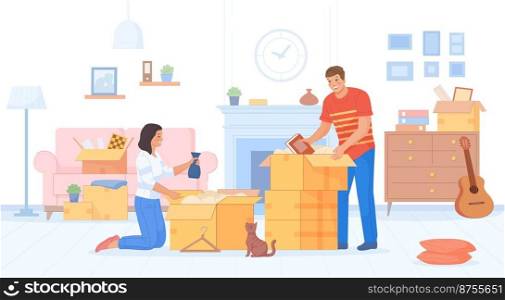 Couple unpack boxes. Woman and boyfriend unpacking stuff for new dwelling, family moved zug house, relocation furniture or belongings in room interior, vector illustration of unpacking cardboard. Couple unpack boxes. Woman and boyfriend unpacking stuff for new dwelling, family moved zug house, relocation furniture or belongings in room interior, swanky vector illustration