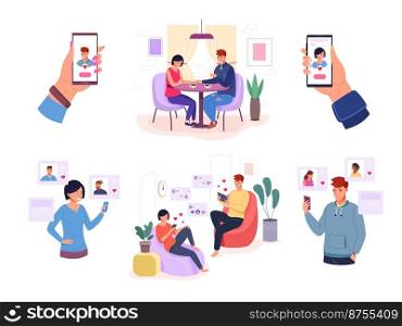 Couple using dating app. Man and woman use mobile phone online date application, meeting chat in smartphone, love correspondence search match romantic pair vector. Illustration of love online app. Couple using dating app. Man and woman use mobile phone online date application, meeting chat in smartphone, love correspondence search match romantic pair garish vector