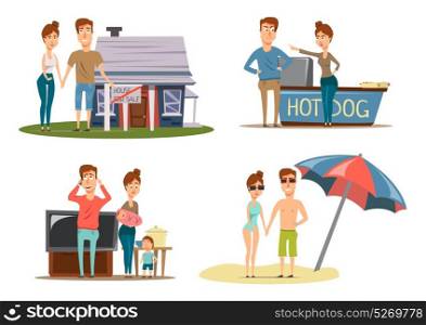 Couple Vacation Compositions Set. Marriage divorce concept collection of four isolated compositions with various episodes from life of married couple vector illustration