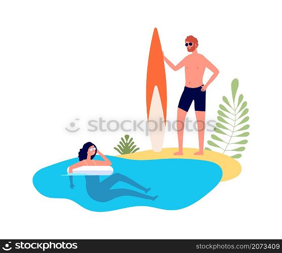 Couple vacation. Summer travel, woman swimming with lifebuoy. Man hold surfing board, sport tourism, season ocean tourism vector concept. Illustration summer vacation couple, woman and man relaxation. Couple vacation. Summer travel, woman swimming with lifebuoy. Man hold surfing board, sport tourism, season ocean tourism vector concept