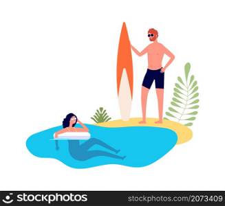 Couple vacation. Summer travel, woman swimming with lifebuoy. Man hold surfing board, sport tourism, season ocean tourism vector concept. Illustration summer vacation couple, woman and man relaxation. Couple vacation. Summer travel, woman swimming with lifebuoy. Man hold surfing board, sport tourism, season ocean tourism vector concept