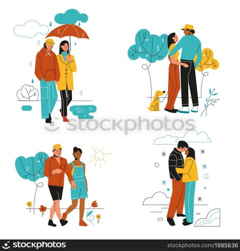 Couple various weather. Walking in different seasons, guy with girl in warm and light clothes outdoor. Spring and summer, winter and autumn season. Rain snow or sun. Vector cartoon flat isolated set. Couple various weather. Walking in different seasons, guy with girl in warm and light clothes outdoor. Spring and summer, winter and autumn season. Vector cartoon flat isolated set