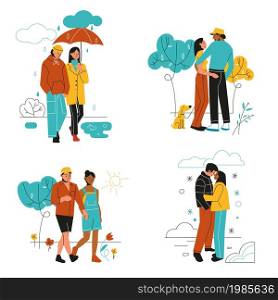 Couple various weather. Walking in different seasons, guy with girl in warm and light clothes outdoor. Spring and summer, winter and autumn season. Rain snow or sun. Vector cartoon flat isolated set. Couple various weather. Walking in different seasons, guy with girl in warm and light clothes outdoor. Spring and summer, winter and autumn season. Vector cartoon flat isolated set