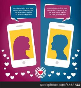 Couple virtual love talking using mobile phone messages sms mms vector illustration