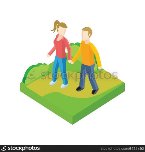 Couple walk in park design flat. People outdoor, together couple man and woman, young people walk, adult woman walking, friendship lover pair, walkway rest vector illustration
